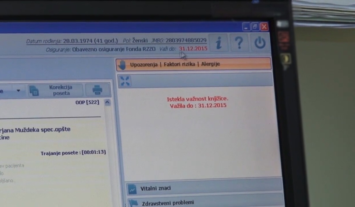 Ekran sistema sa obaveštenjem o isteku važenja zdravstvene knjižice