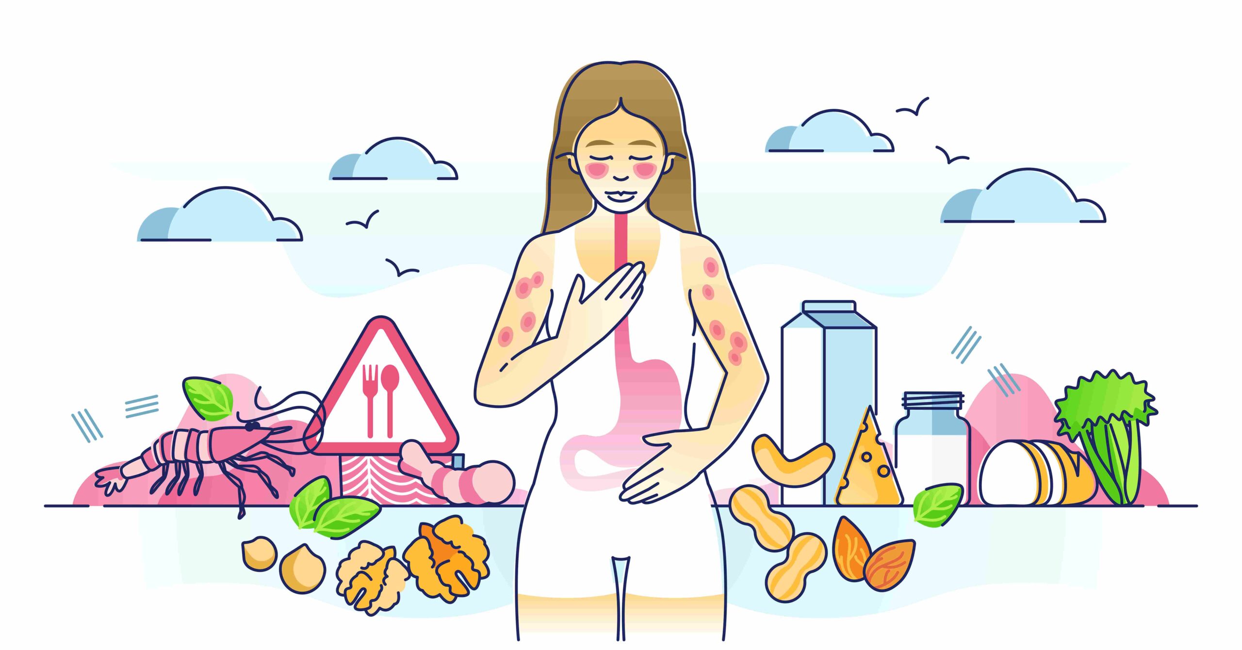 Ilustracija osobe sa alergijskom reakcijom okružene hranom i suplementima