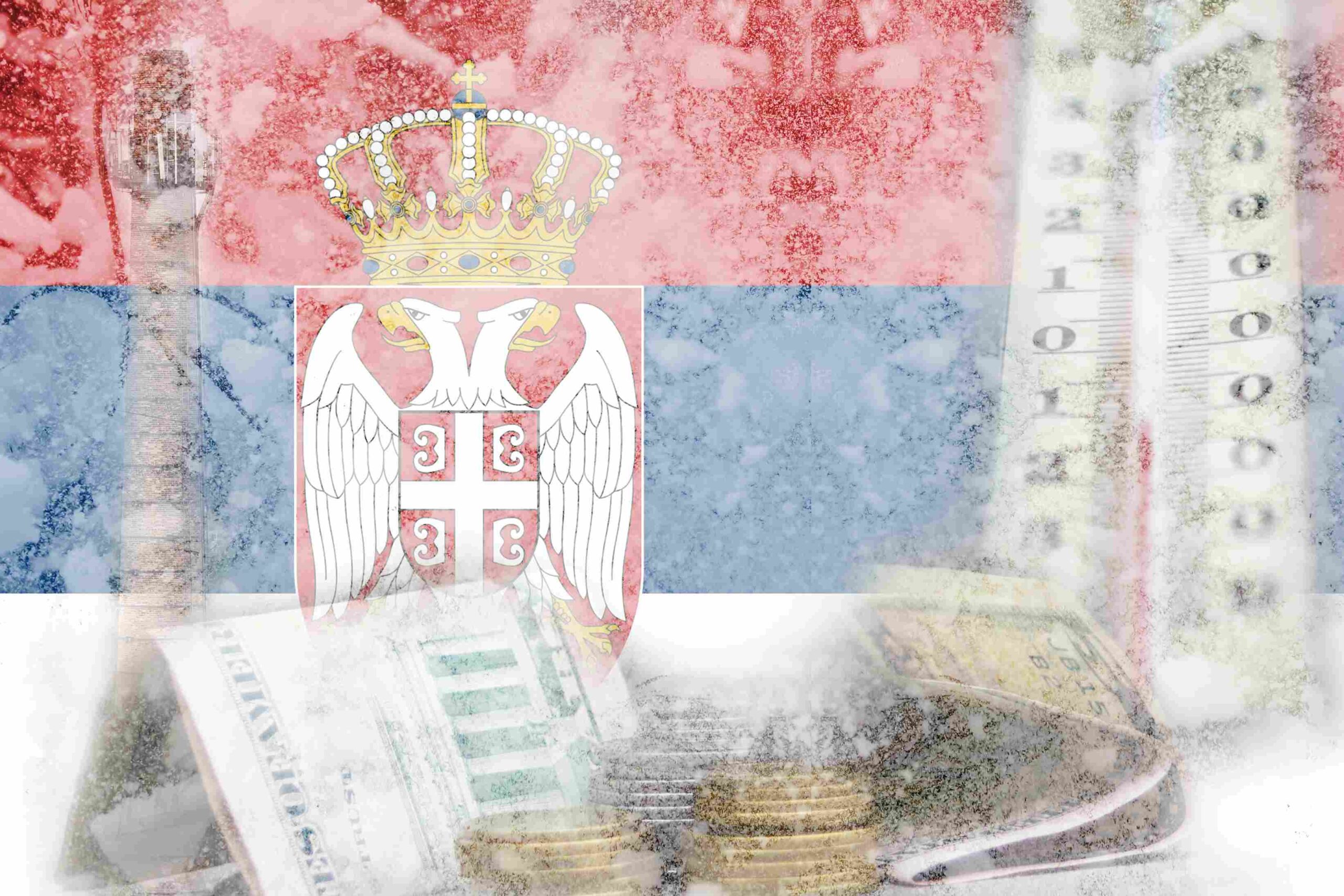 Zastava Srbije u kombinaciji sa novcem i finansijskim elementima koji simbolizuju ekonomiju