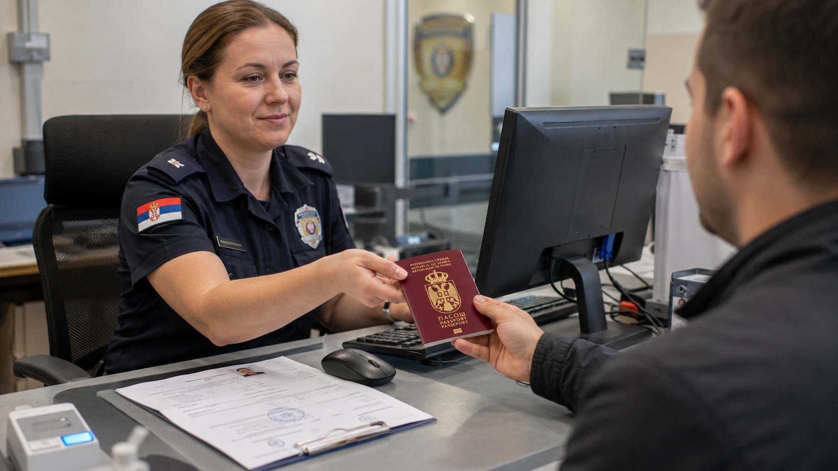 Službenica u uniformi predaje srpski pasoš građaninu na šalteru.
