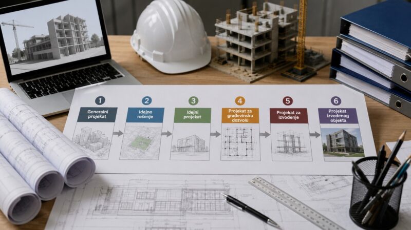 Faze tehničke dokumentacije za građevinski projekat prikazane kroz nacrte, planove, model objekta i prateću projektnu dokumentaciju.