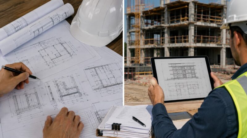 Građevinski nacrti i stručnjak na gradilištu koji proverava izvedeno stanje prema projektu