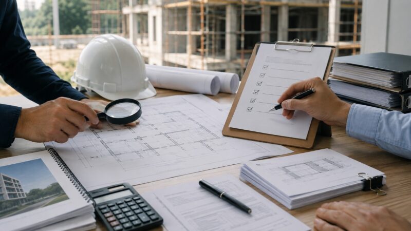 Stručnjaci proveravaju građevinske nacrte, projektnu dokumentaciju i kontrolnu listu tokom tehničke kontrole