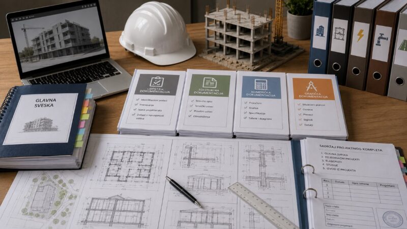 Projektni komplet sa glavnom sveskom, tehničkim opisima, proračunima, grafičkim prilozima i nacrtima građevinskog projekta.