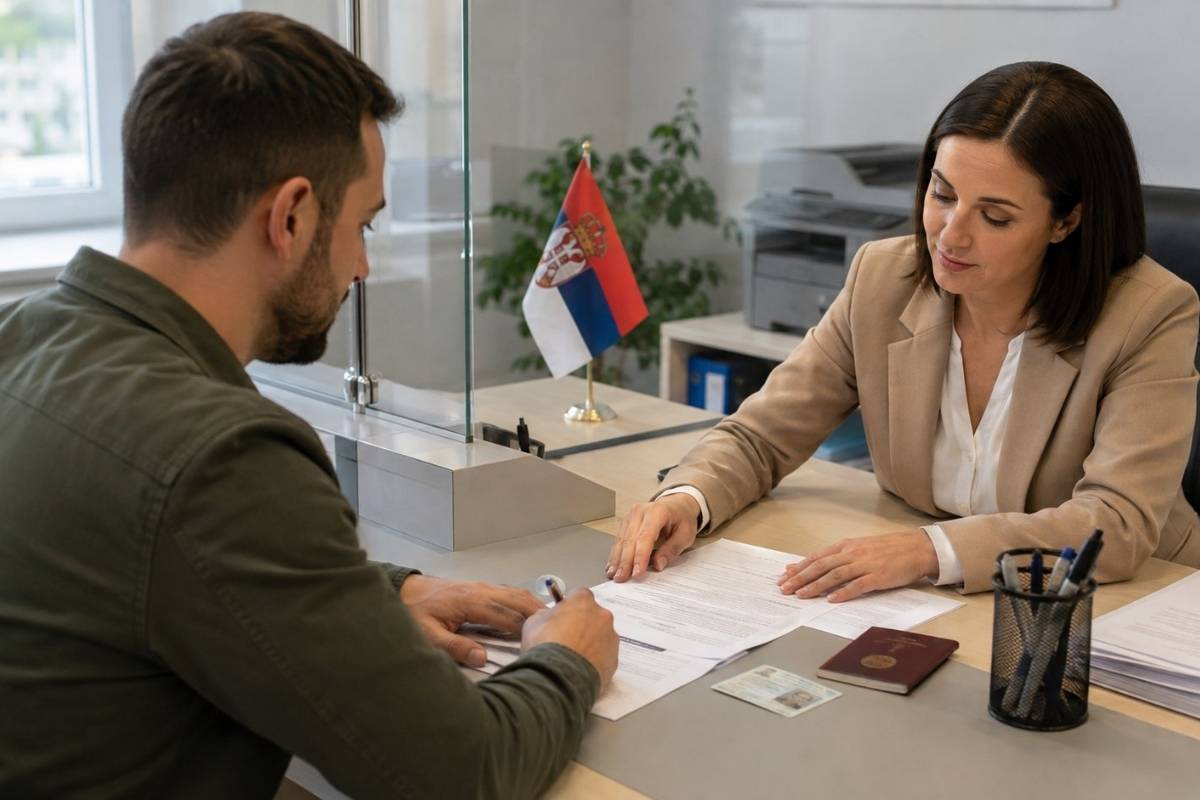 Muškarac u kancelariji popunjava zahtev za promenu imena ili prezimena uz službenicu za šalterom.