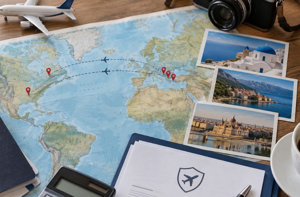 Mapa sveta sa označenim destinacijama, pasošem, avionskim kartama i dokumentima za putno osiguranje