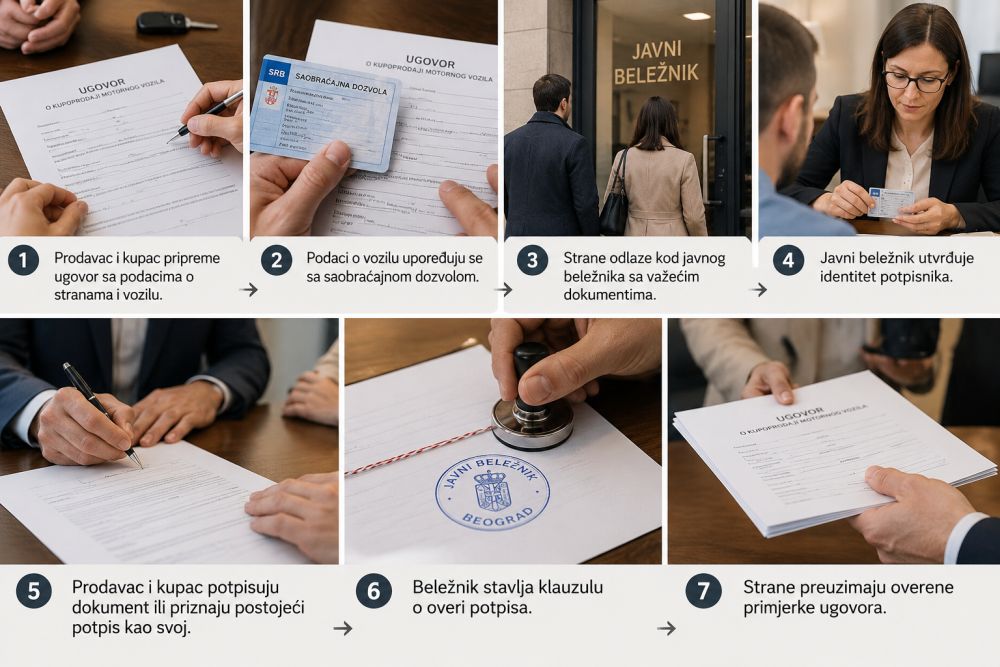 Kolaž prikazuje sedam koraka overe kupoprodajnog ugovora za automobil, od pripreme dokumenta i provere saobraćajne dozvole do potpisa kod javnog beležnika i preuzimanja overenih primeraka
