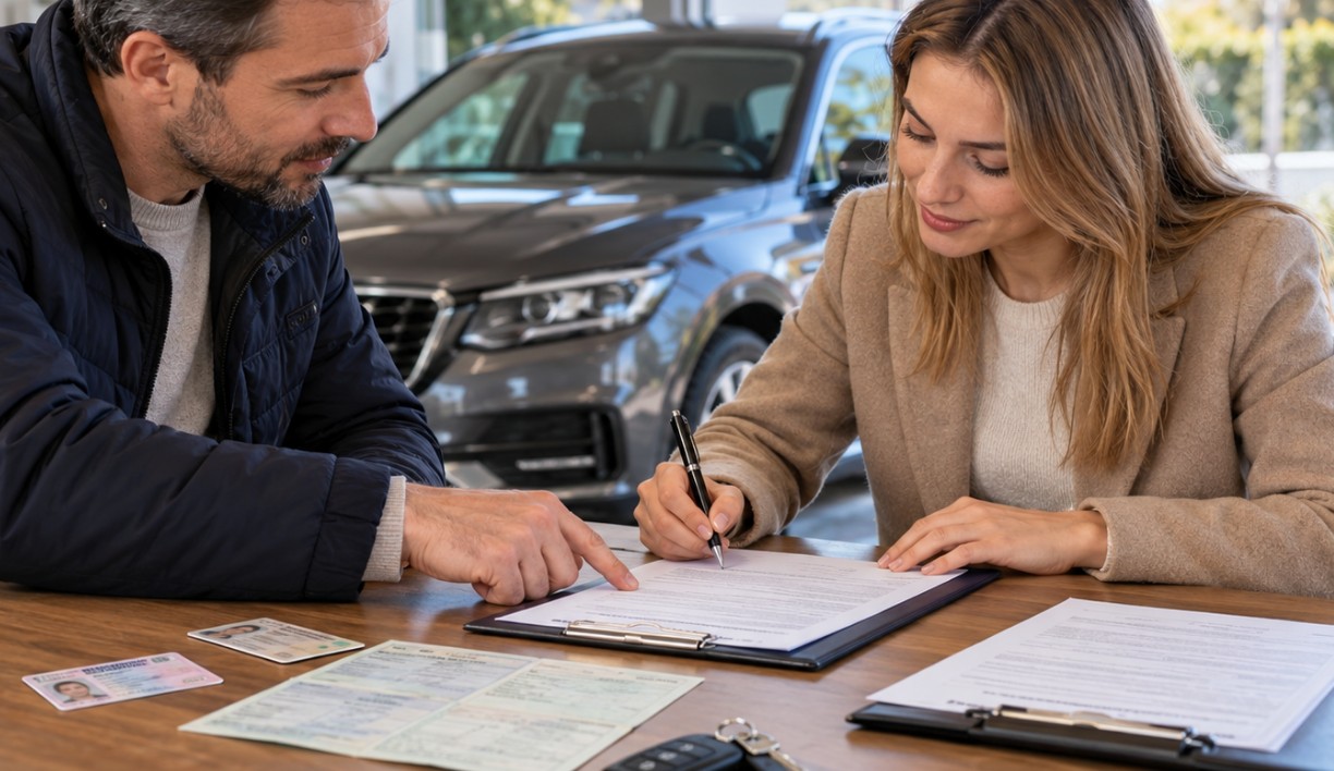 Kupac i prodavac pregledaju dokumentaciju i potpisuju kupoprodajni ugovor za automobil, uz lična dokumenta, saobraćajnu dozvolu i ključeve vozila na stolu