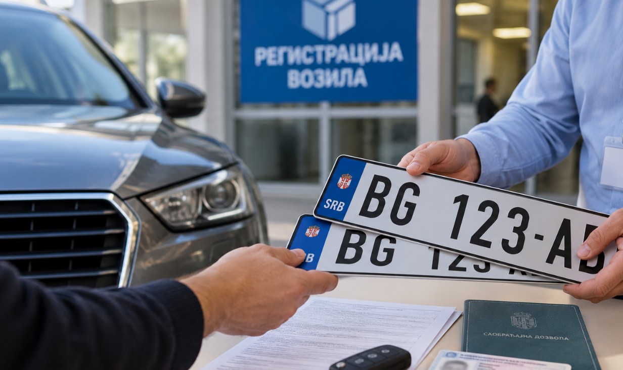 Službenik i vlasnik vozila razmenjuju registarske tablice pored automobila, uz dokumentaciju za registraciju i saobraćajnu dozvolu