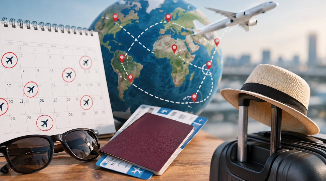 Kalendar sa označenim datumima putovanja, globus, pasoš, avionske karte i kofer