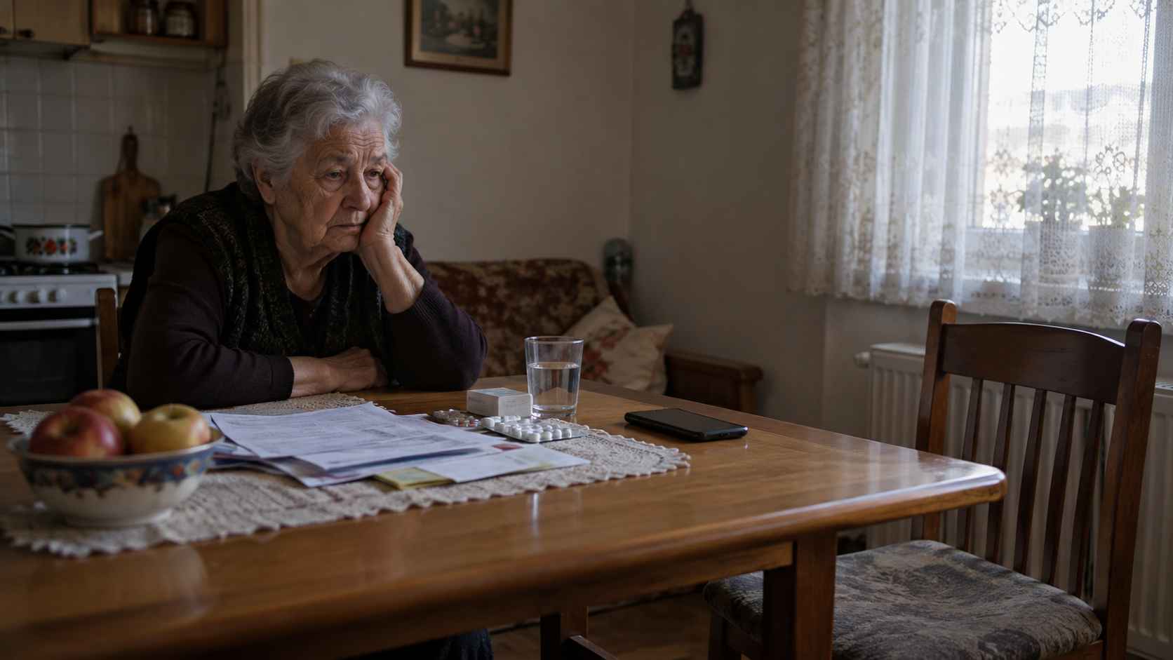 Zabrinuta starija žena sedi sama za stolom sa računima, lekovima i telefonom, simbolizujući neispunjavanje obaveza iz ugovora o doživotnom izdržavanju.