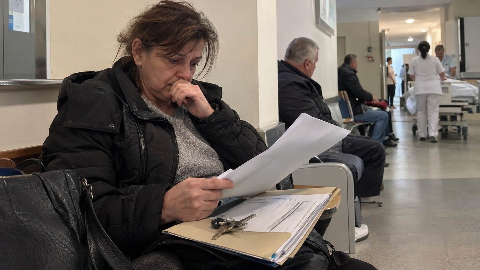Zabrinuta žena u bolničkoj čekaonici pregledava dokumentaciju koja može poslužiti kao dokaz opravdanog kašnjenja prijave nekretnine.