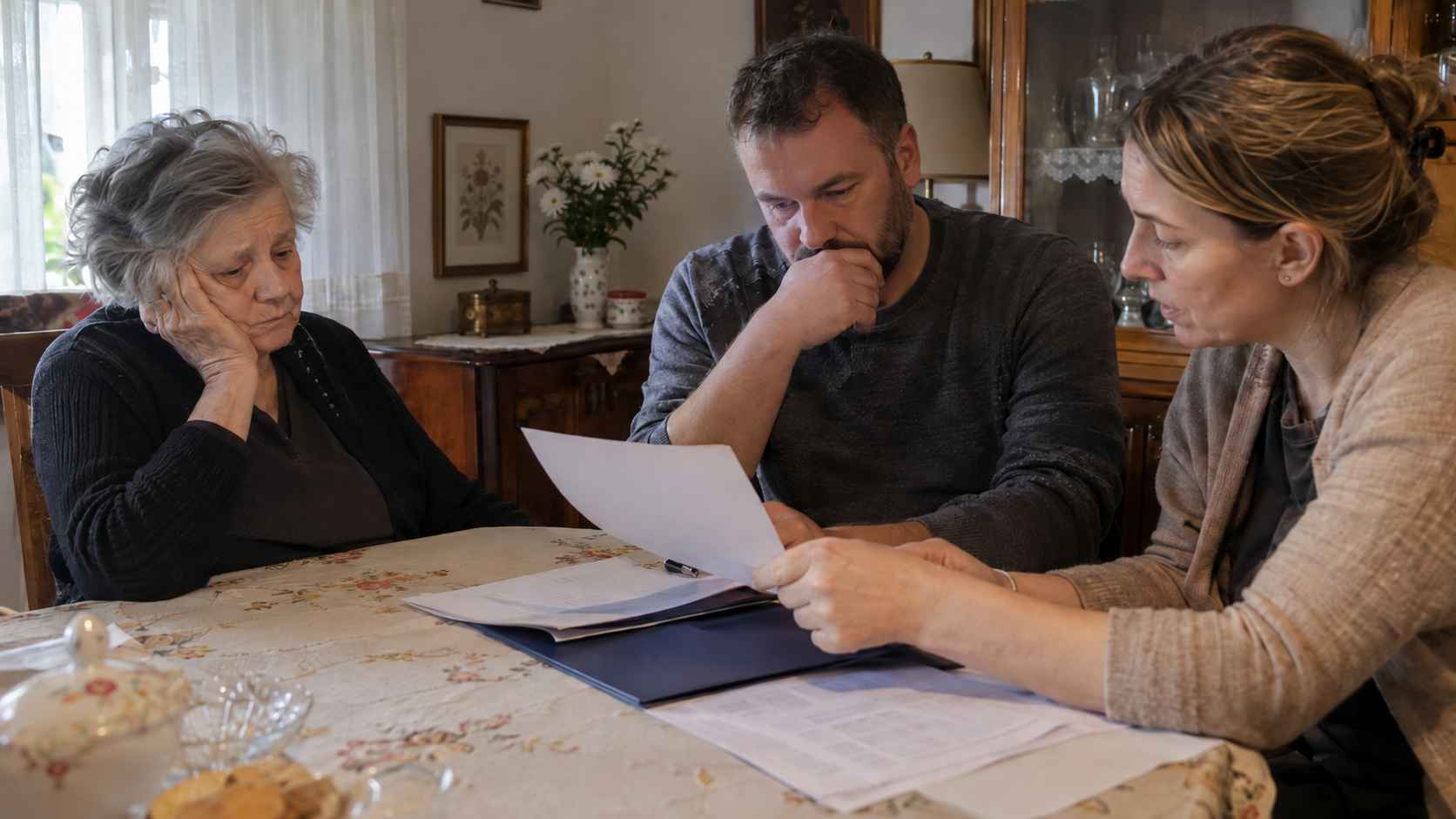 Starija žena, muškarac i žena zajedno pregledaju dokumentaciju o ugovoru o doživotnom izdržavanju za porodičnim stolom.