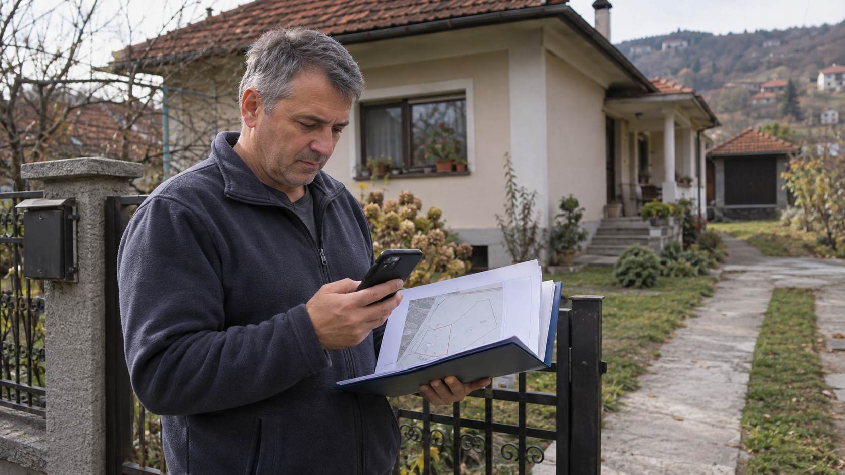 Vlasnik ispred porodične kuće proverava podatke o nepokretnosti u katastru pomoću telefona i dokumentacije.